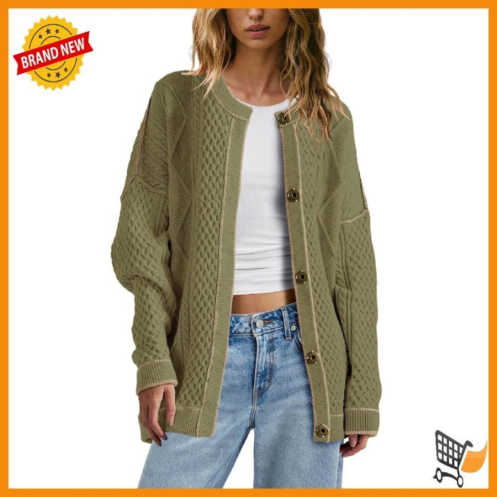 Oversized Cable Knit Cardigan with Pockets - Lightweight Fall Sweater